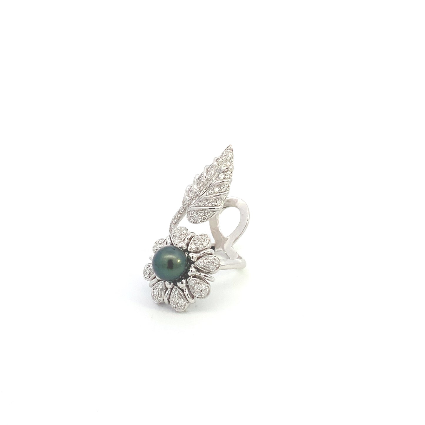 Floral Leaf Pearl & Diamond Ring