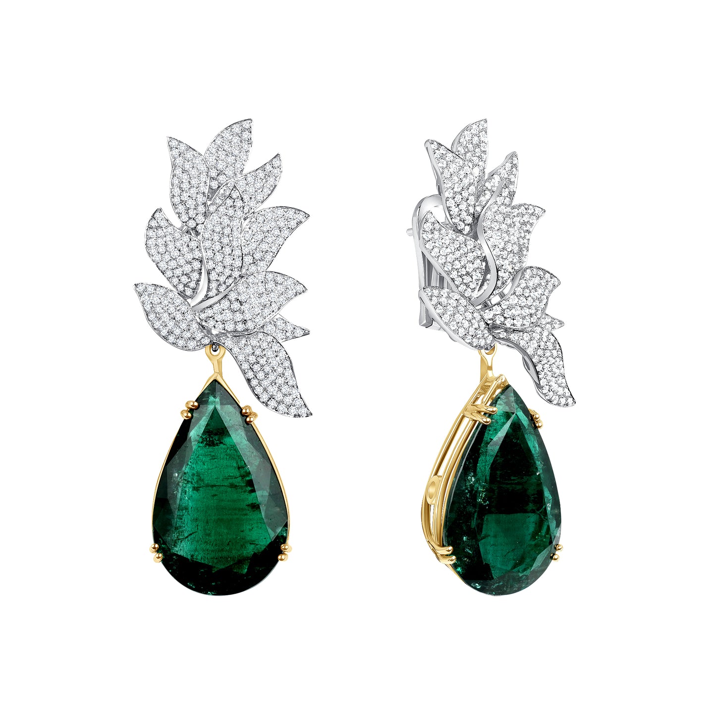 Emerald & Diamond Two-Tone Floral Drop Earrings