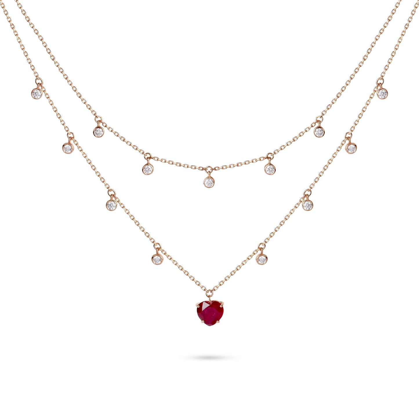 Heart Ruby & Diamond Double Layer Charm Necklace