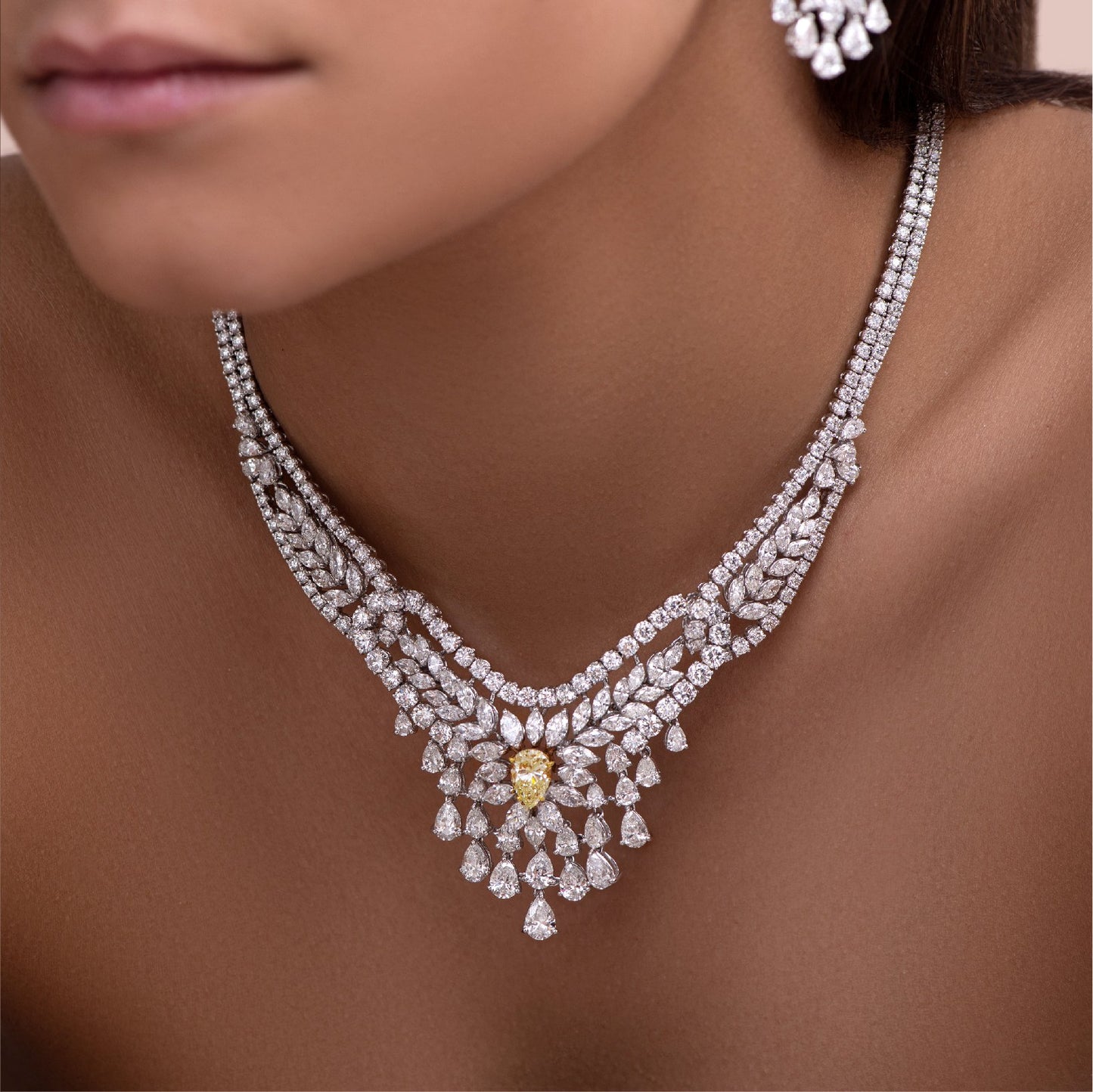 Round, Pear Drop, & Center Yellow Diamond Necklace