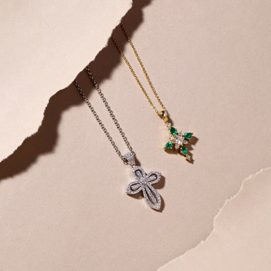 Crossed Emeralds & Diamonds Necklace | Necklaces with diamonds | Jewelry shops online