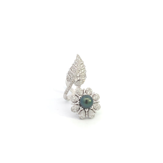 Floral Leaf Pearl & Diamond Ring