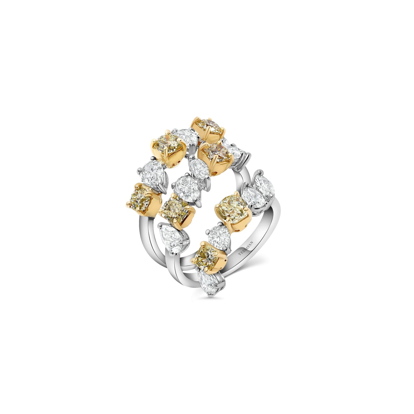 Mixed Shape Yellow Diamond & Diamond Multi-Layer Statement Ring