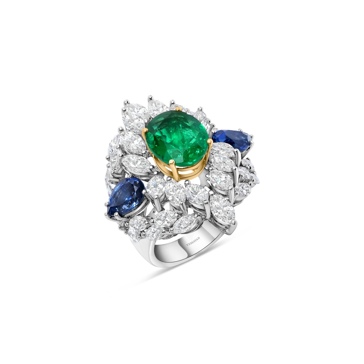 Emerald, Sapphire, & Diamond Statement Ring