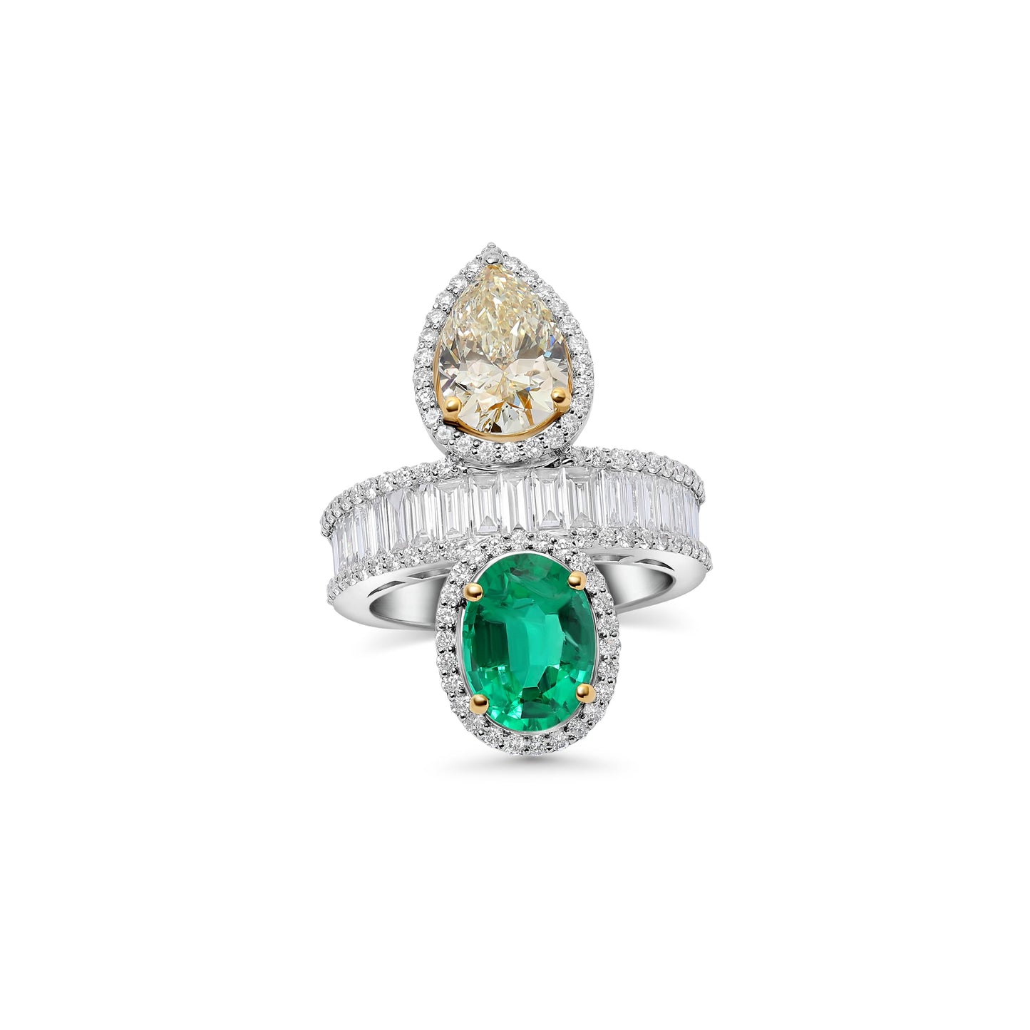 Yellow Diamond, Emerald, & Diamond Two-Stone Ring