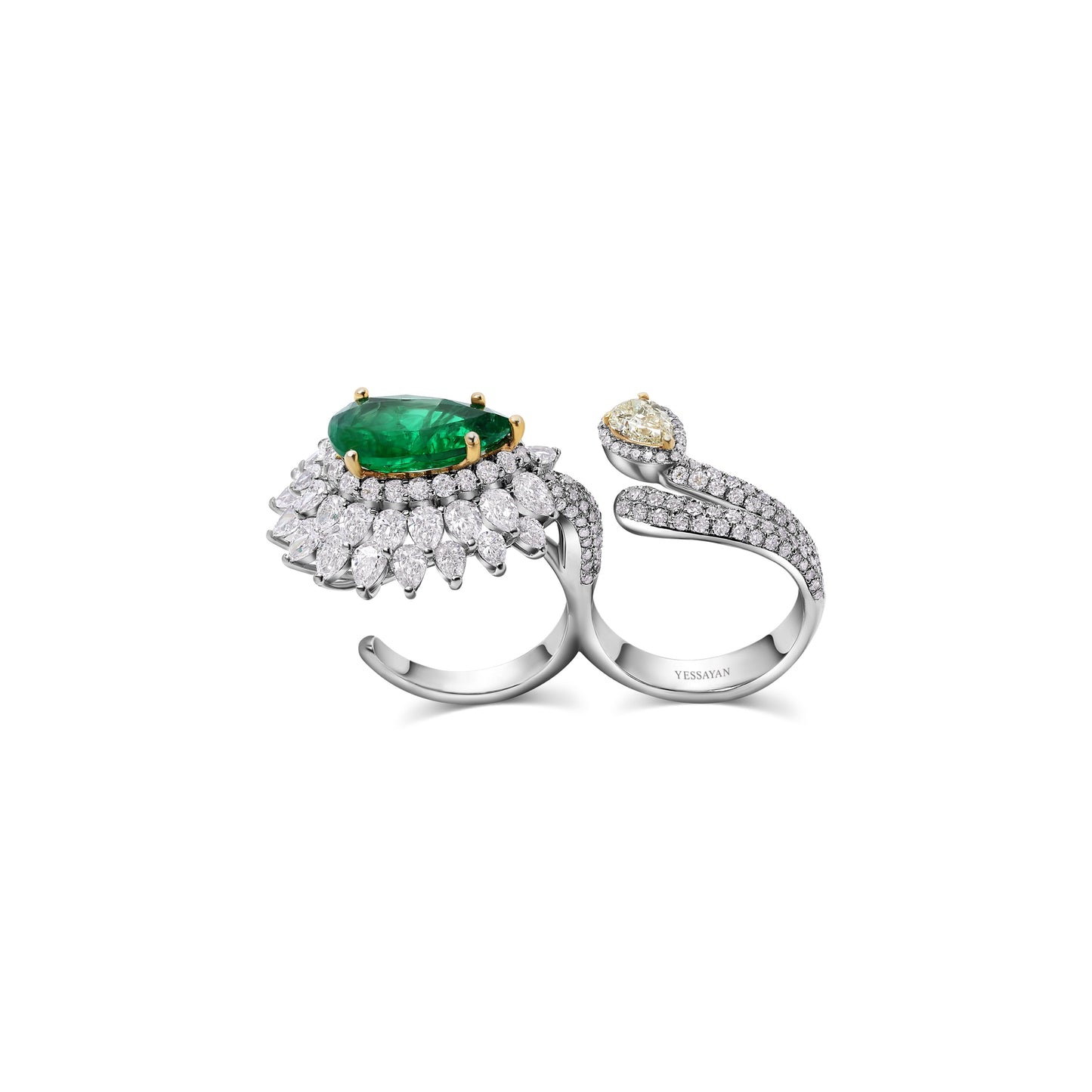 Emerald, Yellow Diamond, & Diamond Two-Finger Ring