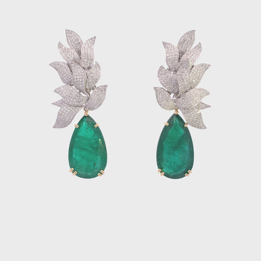 Emerald & Diamond Two-Tone Floral Drop Earrings