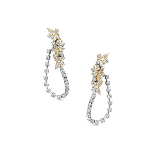 Yellow Diamond & Diamond Dangling Hoop Earrings
