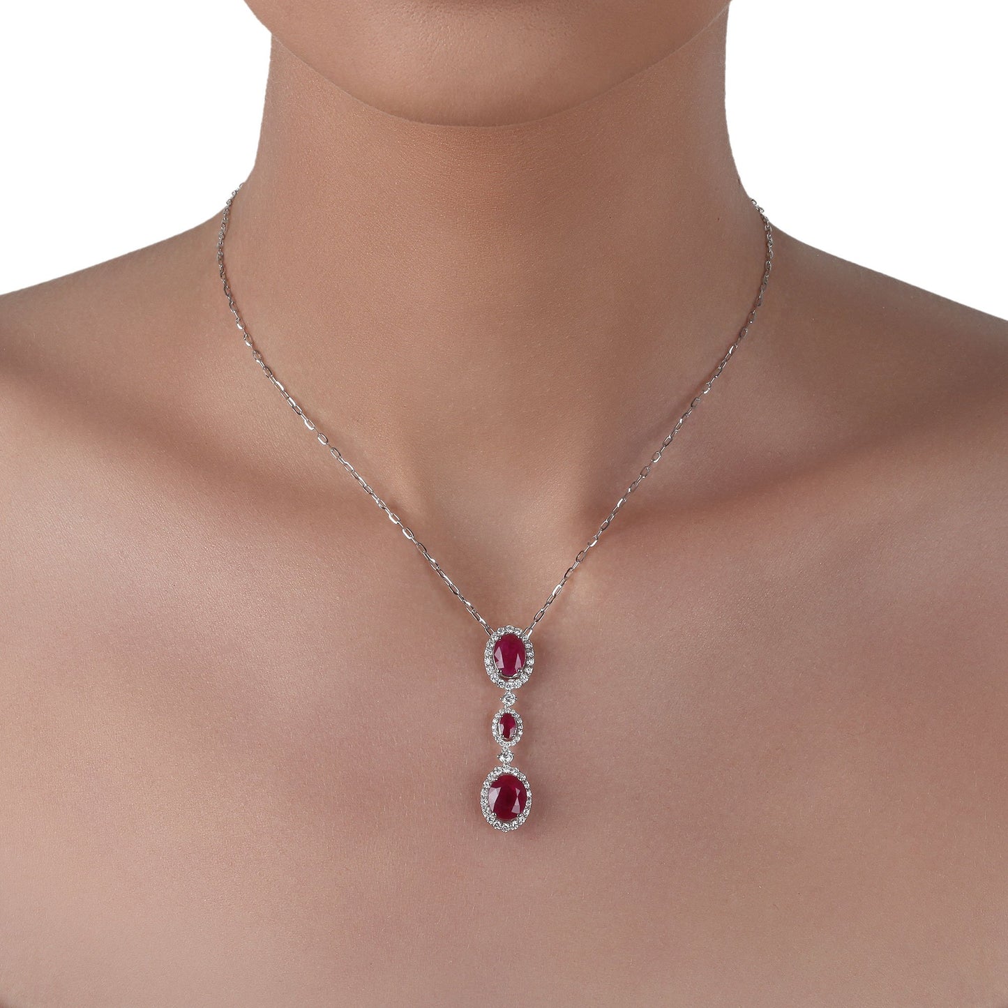 Ruby & Diamond Drop White Gold Necklace | Diamond Necklace | Buy Diamond Necklace Online