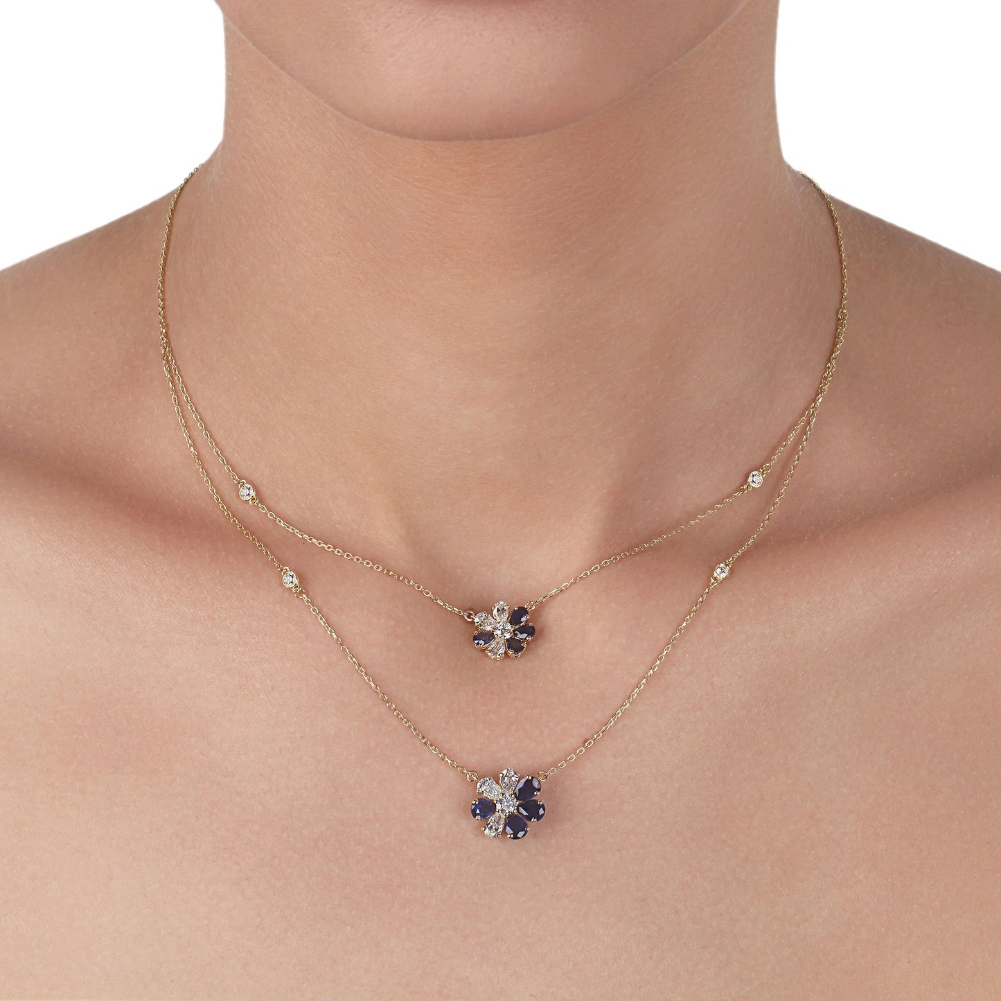 Flower Sapphire & Diamond Double Layer Necklace | Diamond Necklace | Jewellery Stores Online