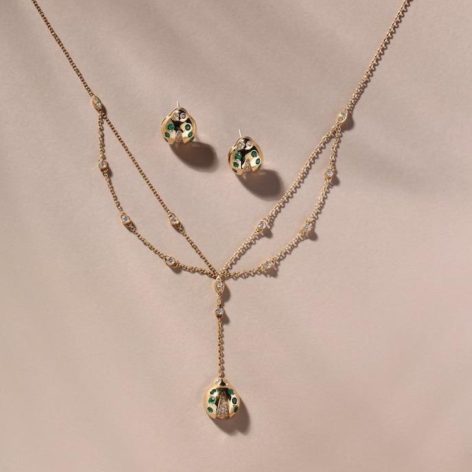 Lady Bug Diamond & Emerald Yellow Gold Chain Necklace | Diamond Pendant Necklace