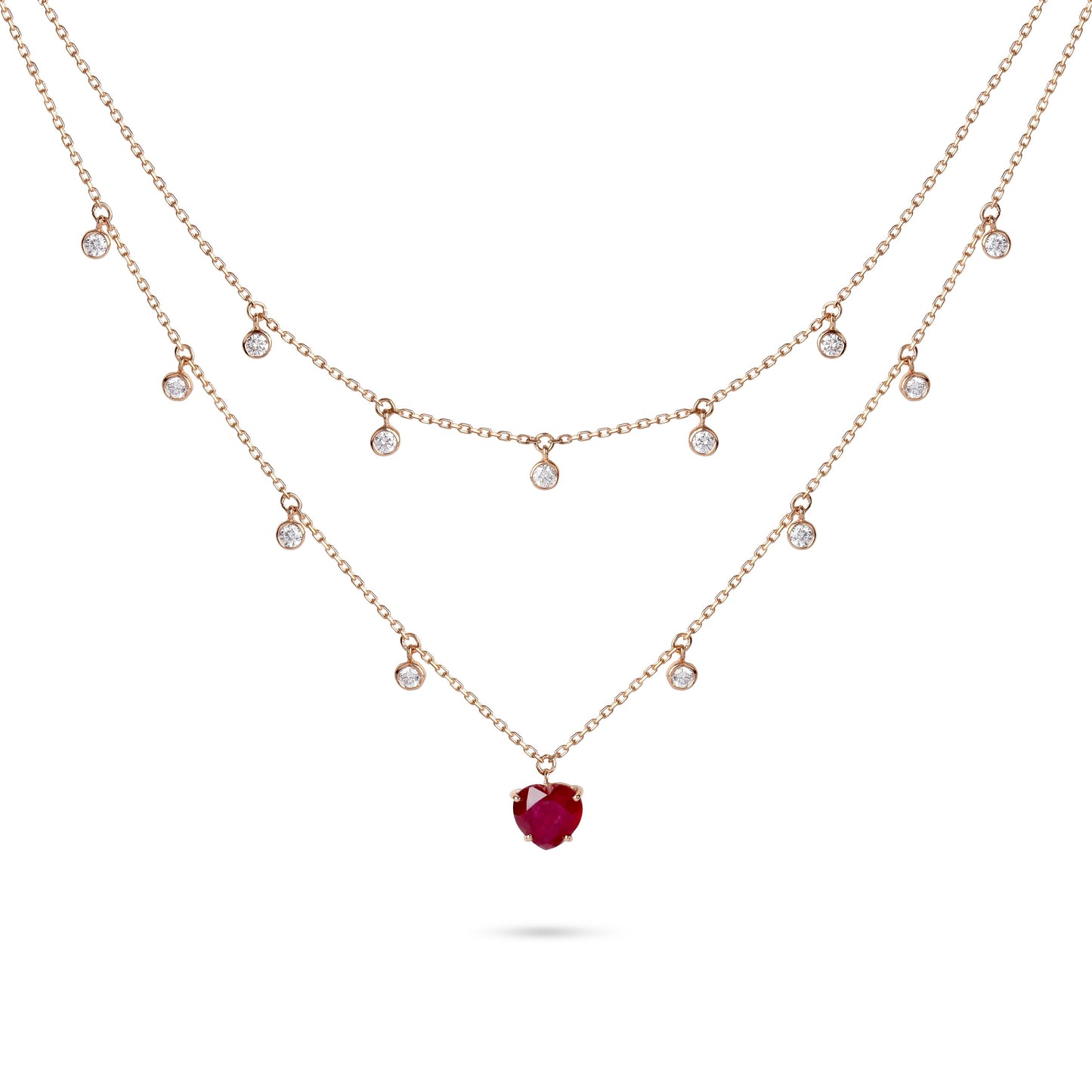 Heart Ruby & Diamond Double Layer Charm Necklace