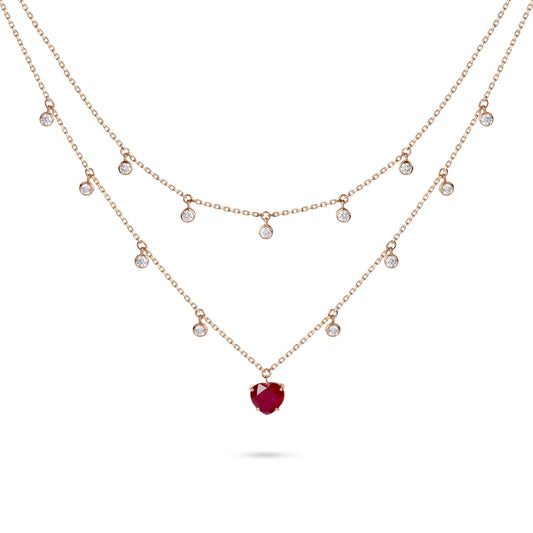 Heart Ruby & Diamond Double Layer Charm Necklace
