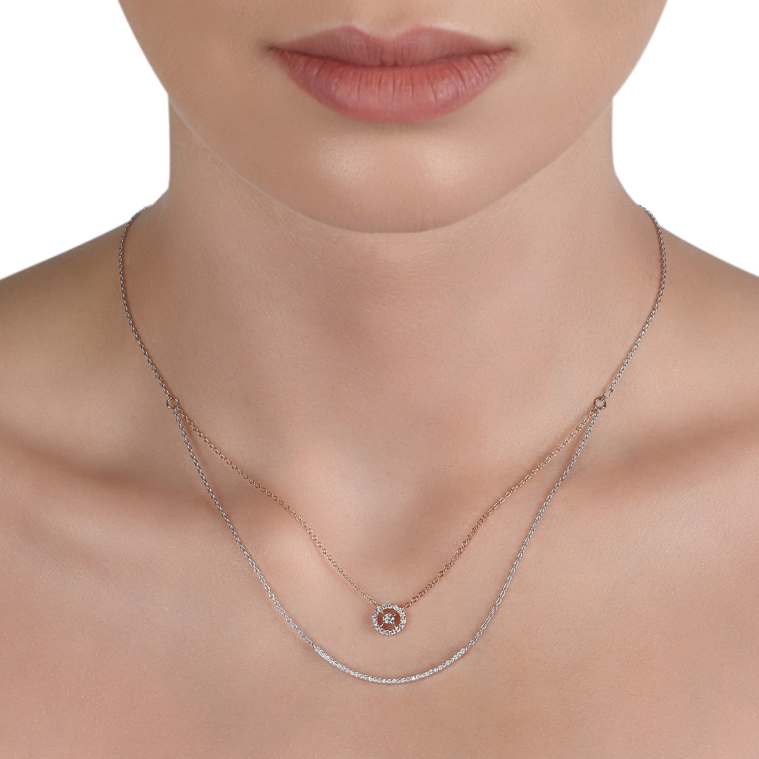 Two-Tone Double Chain Diamond Pendant Necklace | Diamond Necklace | Ladies Necklace