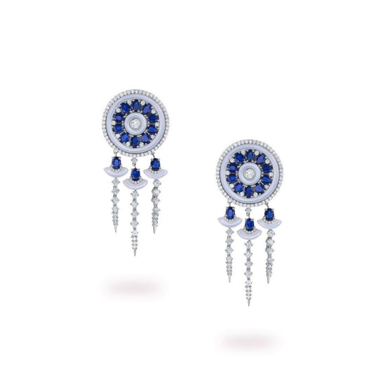 Sapphire & Diamond Medallion Style Drop Earrings | Diamond earrings