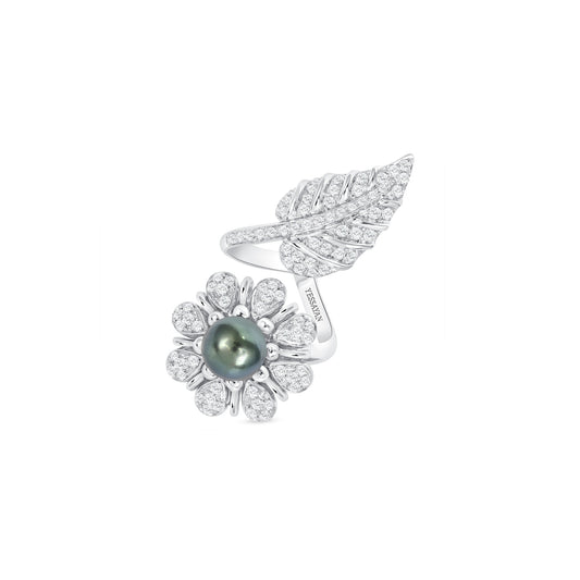 Floral Leaf Pearl & Diamond Ring