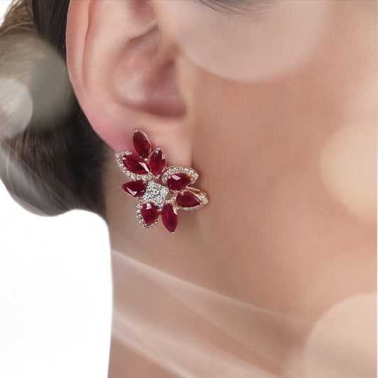 Flower Ruby & White Diamonds Earrings